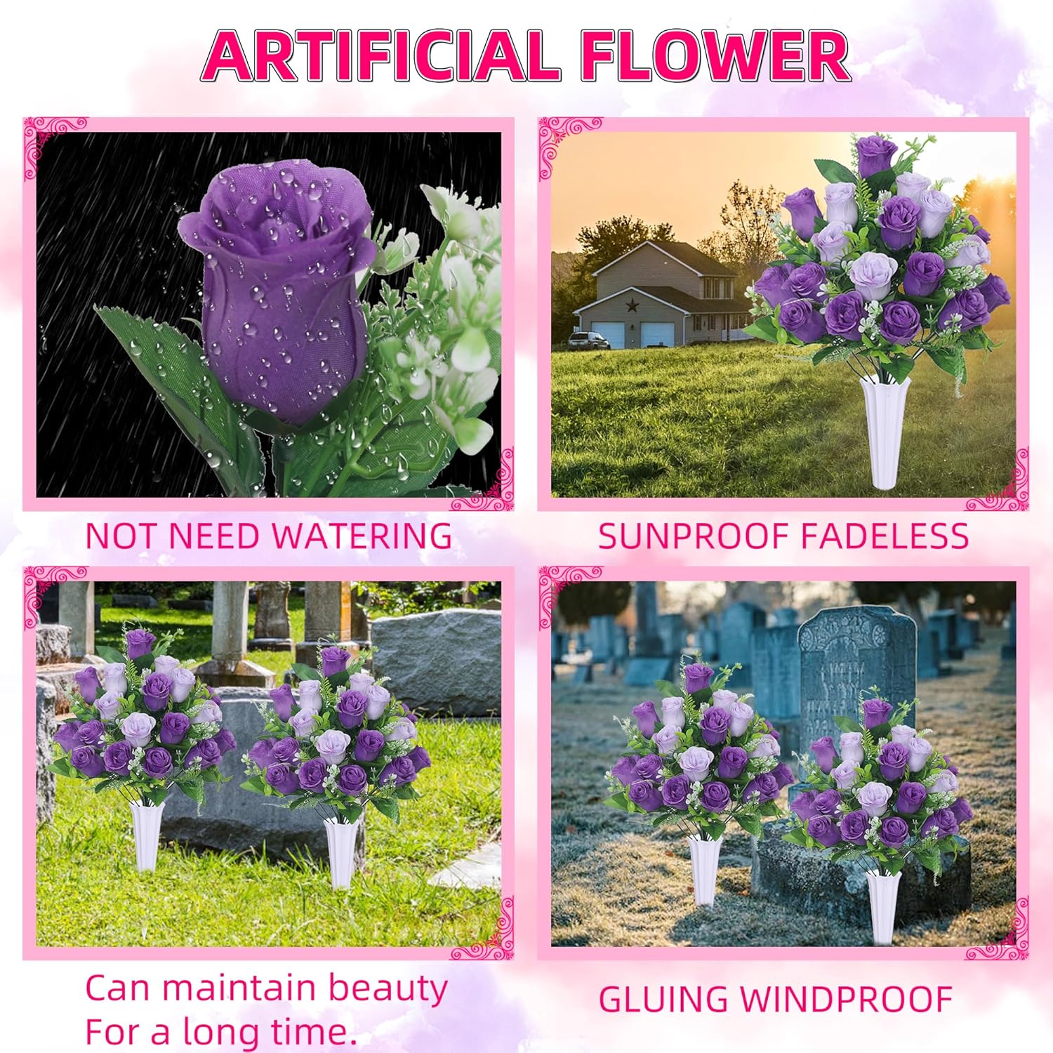 Set Of 2 Artificial Cemetery Flowers, Grave Memorial Flowers With Vase, Outdoor Grave Decorations Roses For Cemetery Headstones Decoration (Purple)