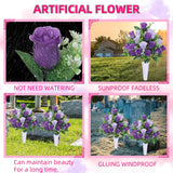 Set Of 2 Artificial Cemetery Flowers, Grave Memorial Flowers With Vase, Outdoor Grave Decorations Roses For Cemetery Headstones Decoration (Purple)