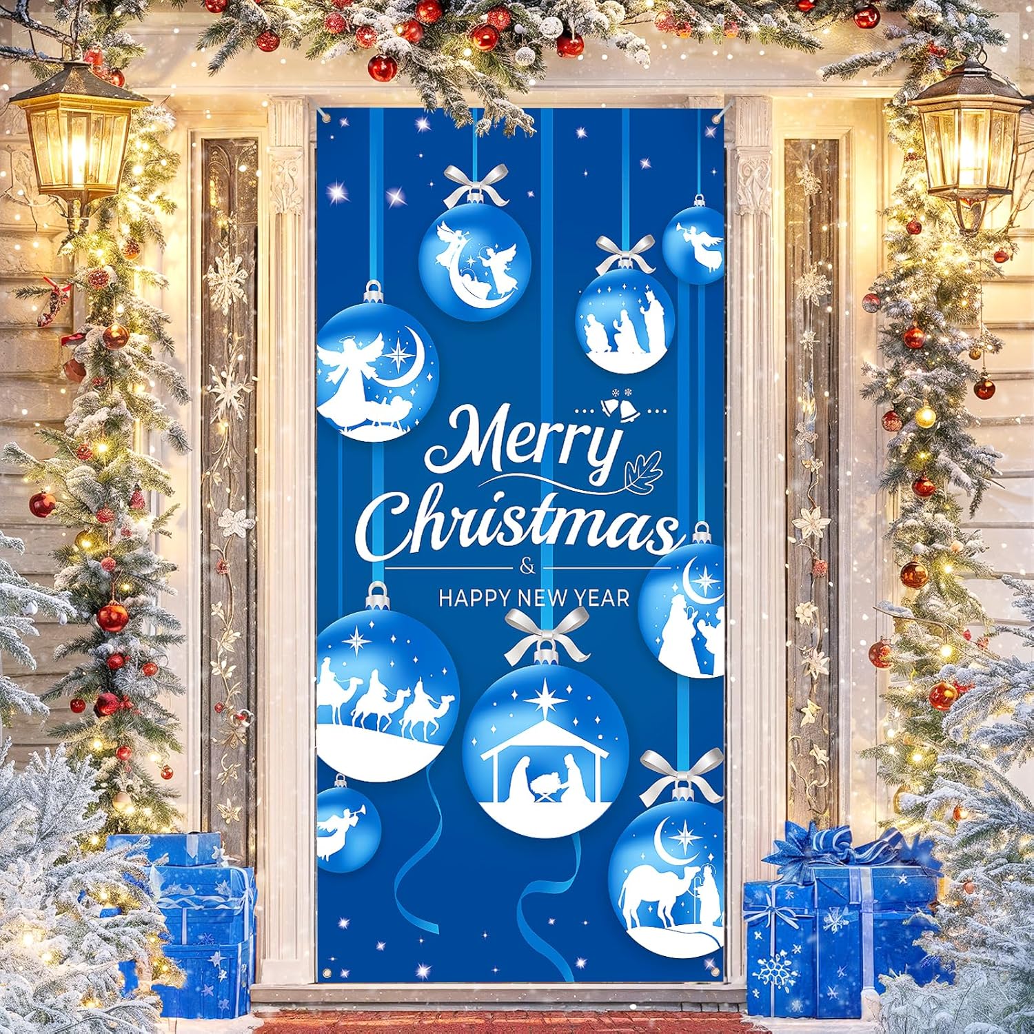Merry Christmas Nativity Door Cover Decorations, Blue Religious Christmas Ball Door Cover Banner Holy Nativity Christmas Door Banner Happy New Year Banner For Religious Christmas New Year Party Decor