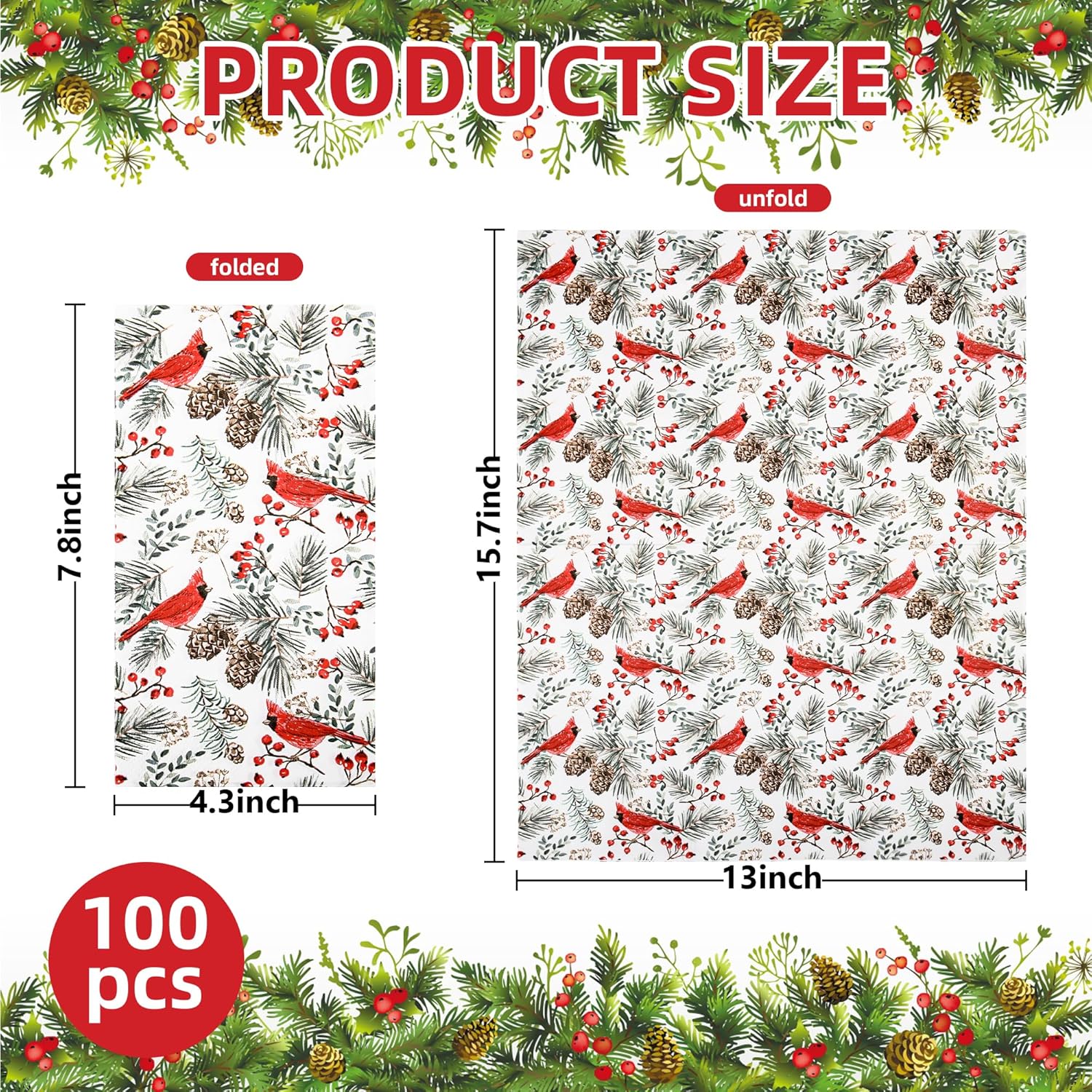 100 Pcs Christmas Cardinal Birds Paper Napkins Winter Xmas Disposable Guest Napkin Red Berries Cedar Cones Bathroom Hand Towel For Holiday Party Tableware Supplies
