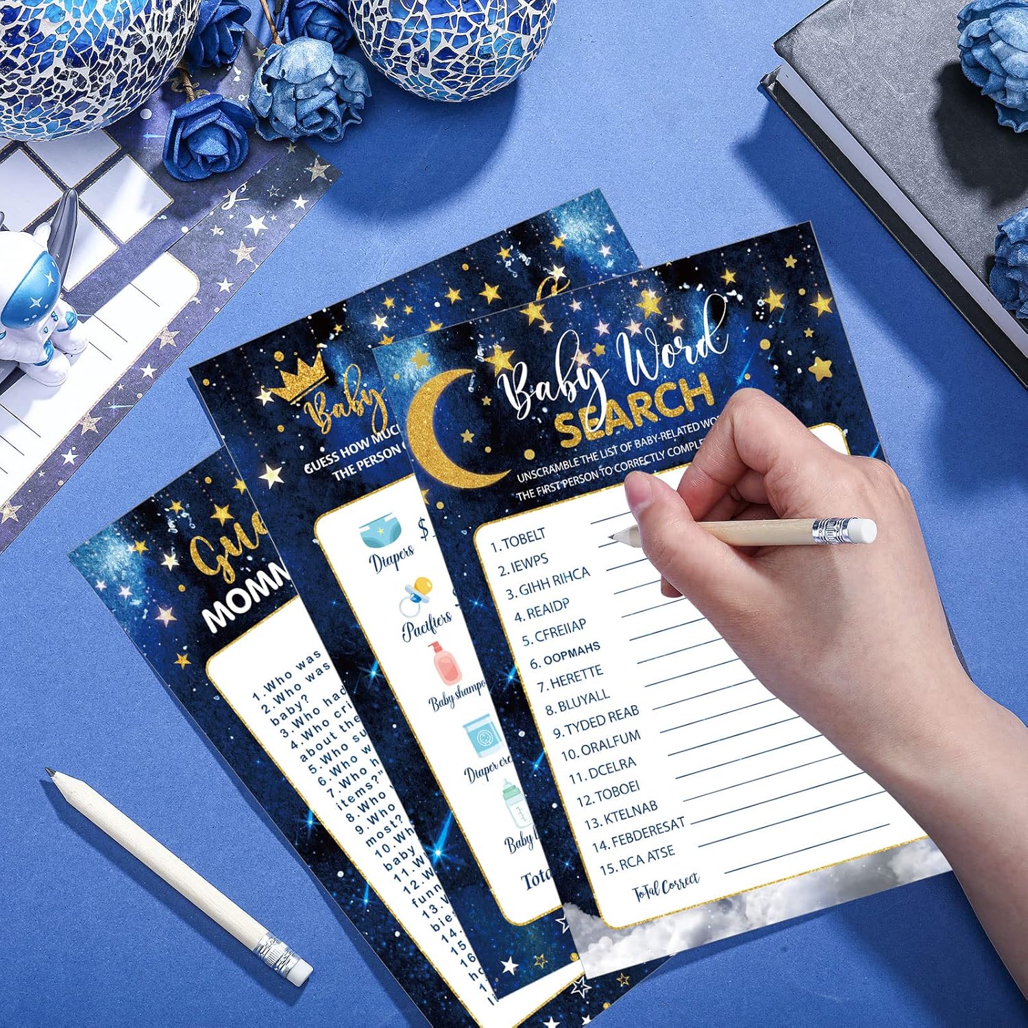 145 Pieces Baby Shower 5 Games Set Baby Shower Games Activities With 20 Pencils For Girls Boys Include Descriptions, Wishes, Guess Who, Bingo Activities (Moon And Star)