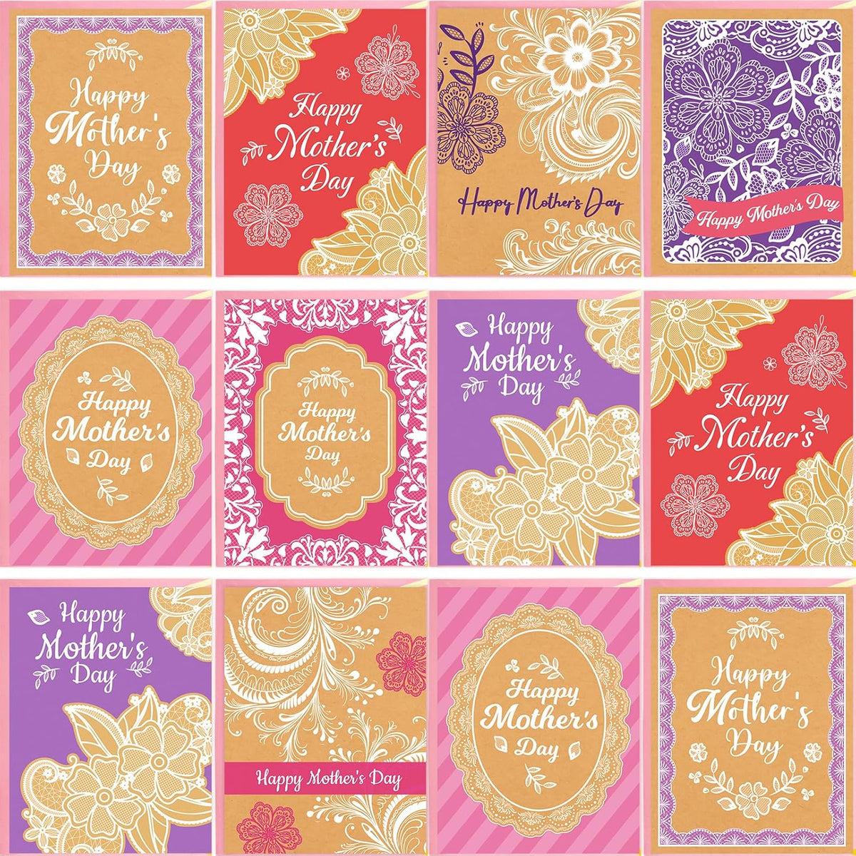 Macrame Mothers Day Cards Kraft Bulk 24 Pack Floral Happy Mother’S Day Greeting Card With Envelopes Gift For Mom