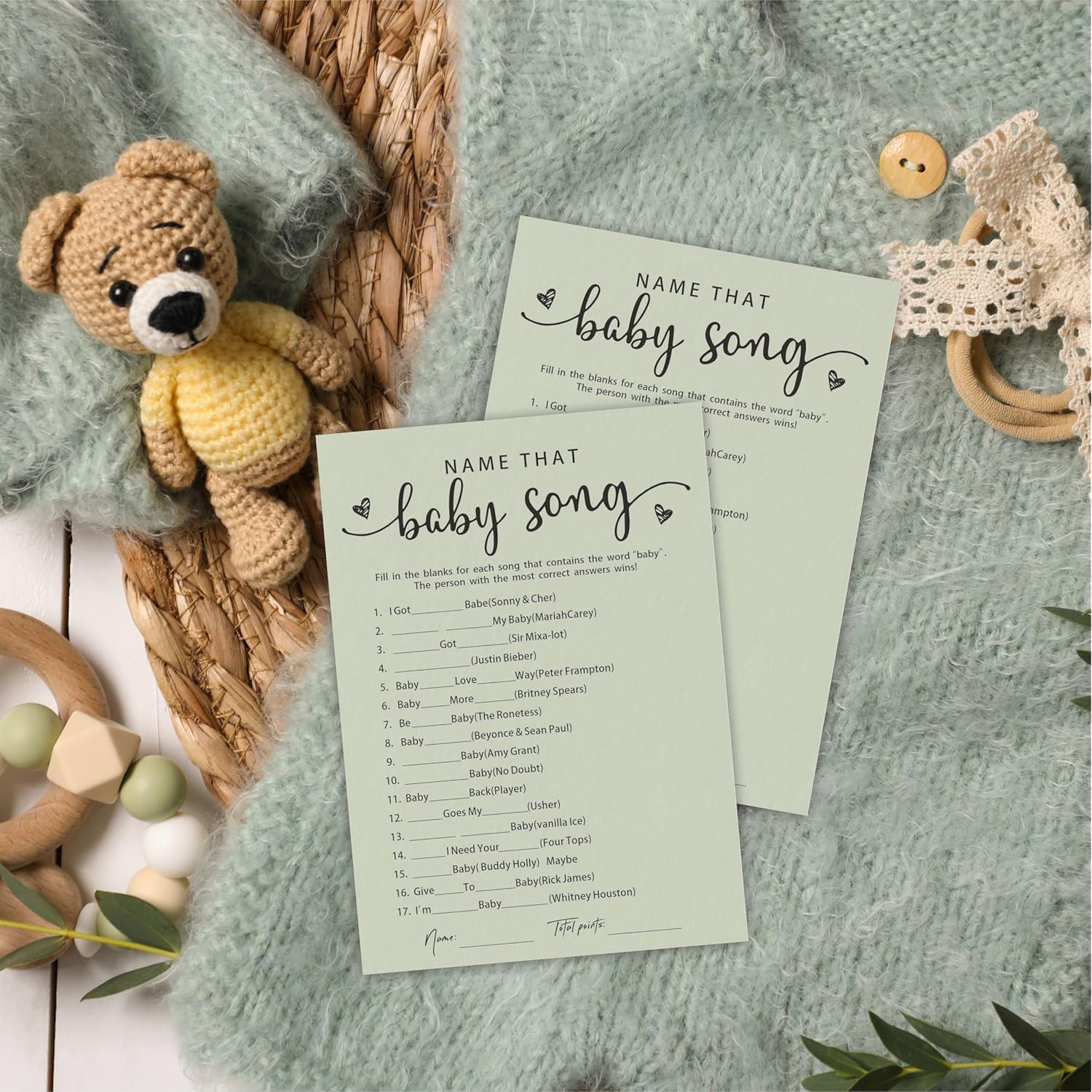 Genderreveal Game:Green Double Print-Name That Baby Song Game-30 Cards Game & 1 Answer Card-Minimalism Baby Shower Party Game