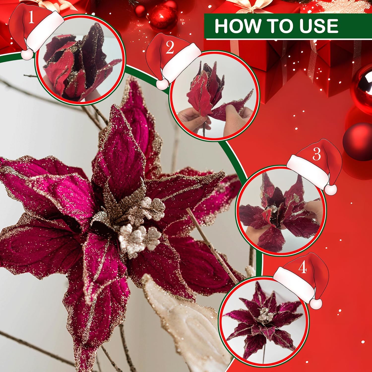 6 Pcs Christmas Flowers Artificial, 11 Inch Red Velvet Poinsettia Flowers With Glitter For Tree Decorations, Wreaths, Festive Home And Party Decor (Burgundy)