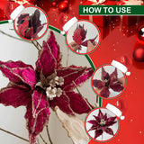 6 Pcs Christmas Flowers Artificial, 11 Inch Red Velvet Poinsettia Flowers With Glitter For Tree Decorations, Wreaths, Festive Home And Party Decor (Burgundy)
