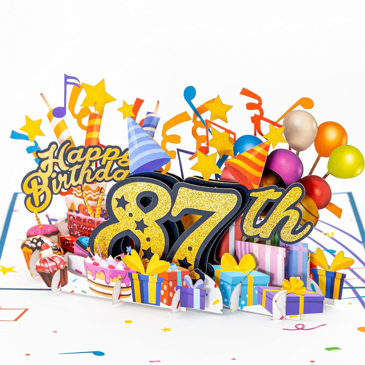 3D Pop Up Happy 87Th Birthday Card – Blue Design With Glitter Numbers, Balloons, Cakes & Gifts – Unique Bday Card For Dad, Mom, Husband, Wife, Man Or Woman – 5" X 7"