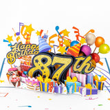 3D Pop Up Happy 87Th Birthday Card – Blue Design With Glitter Numbers, Balloons, Cakes & Gifts – Unique Bday Card For Dad, Mom, Husband, Wife, Man Or Woman – 5" X 7"