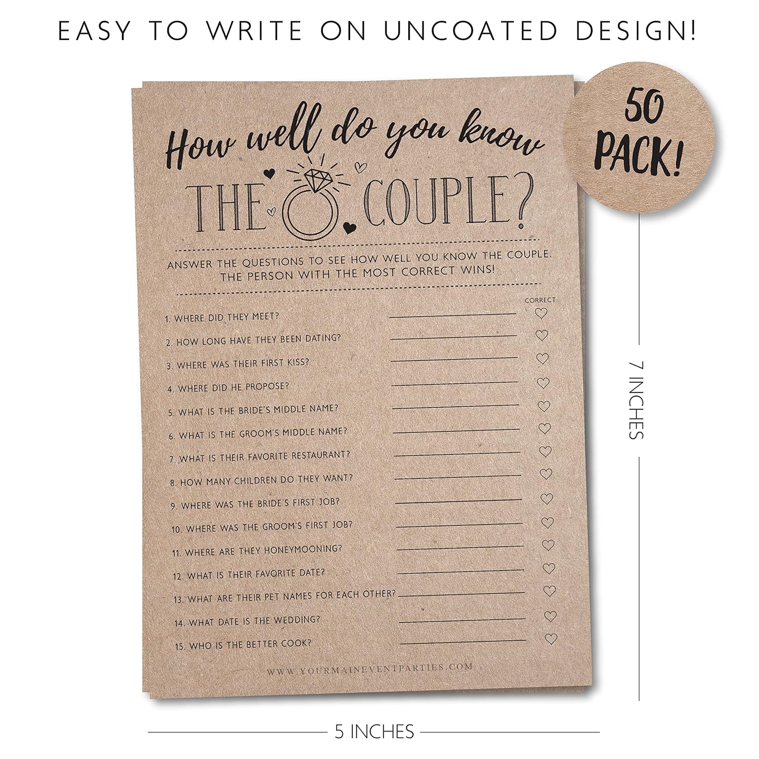 Bridal Shower Games, Fun Activities, Kraft Minimalist Style (How Well Do You Know The Couple) - 50 Cards Per Pack