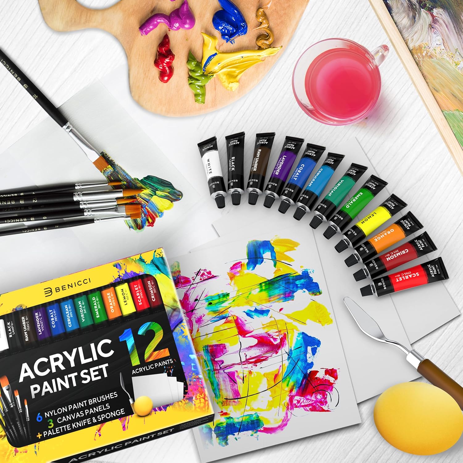 Complete Acrylic Paint Set – 12? Rich Pigment Colors & 6X Art Brushes - Includes 3 Paint Canvases, Palette Knife & Sponge - Perfect For Canvas, Clay, Ceramic - Non-Toxic, Great For Kids & Adults
