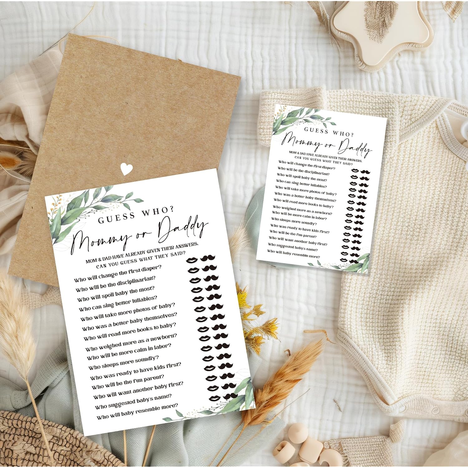 Guess Who Baby Shower Games, 30 Greenery And White Game Cards For Girl Boy, Gender Reveal Game, Baby Announcement,Party Favor, Baby Shower Favors & Supplies-B10
