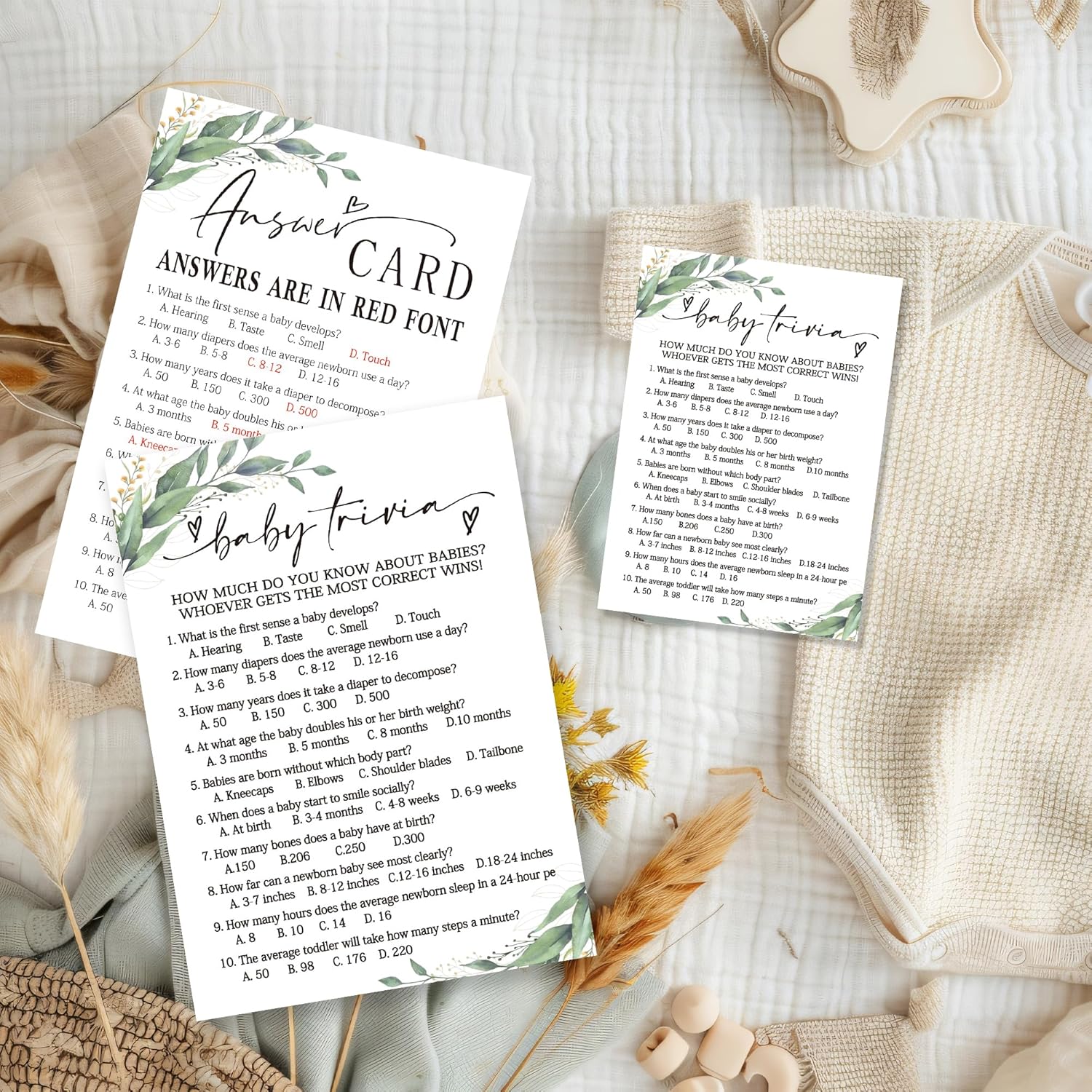 Trivia Baby Shower Games, 30 Greenery And White Game Cards For Girl Boy With 1 Answer Card, Gender Reveal Games, Baby Announcement,Party Favor & Supplies-B13