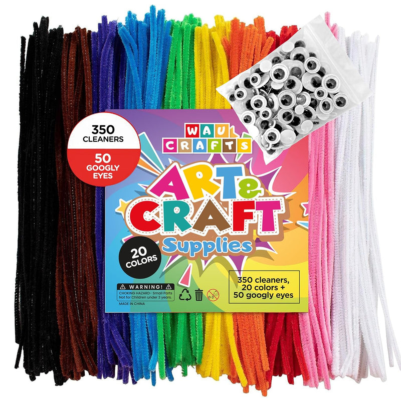 350 Pipe Cleaners In 20 Colors + 50 Googly Eyes - Chenille Stems Set For Craft