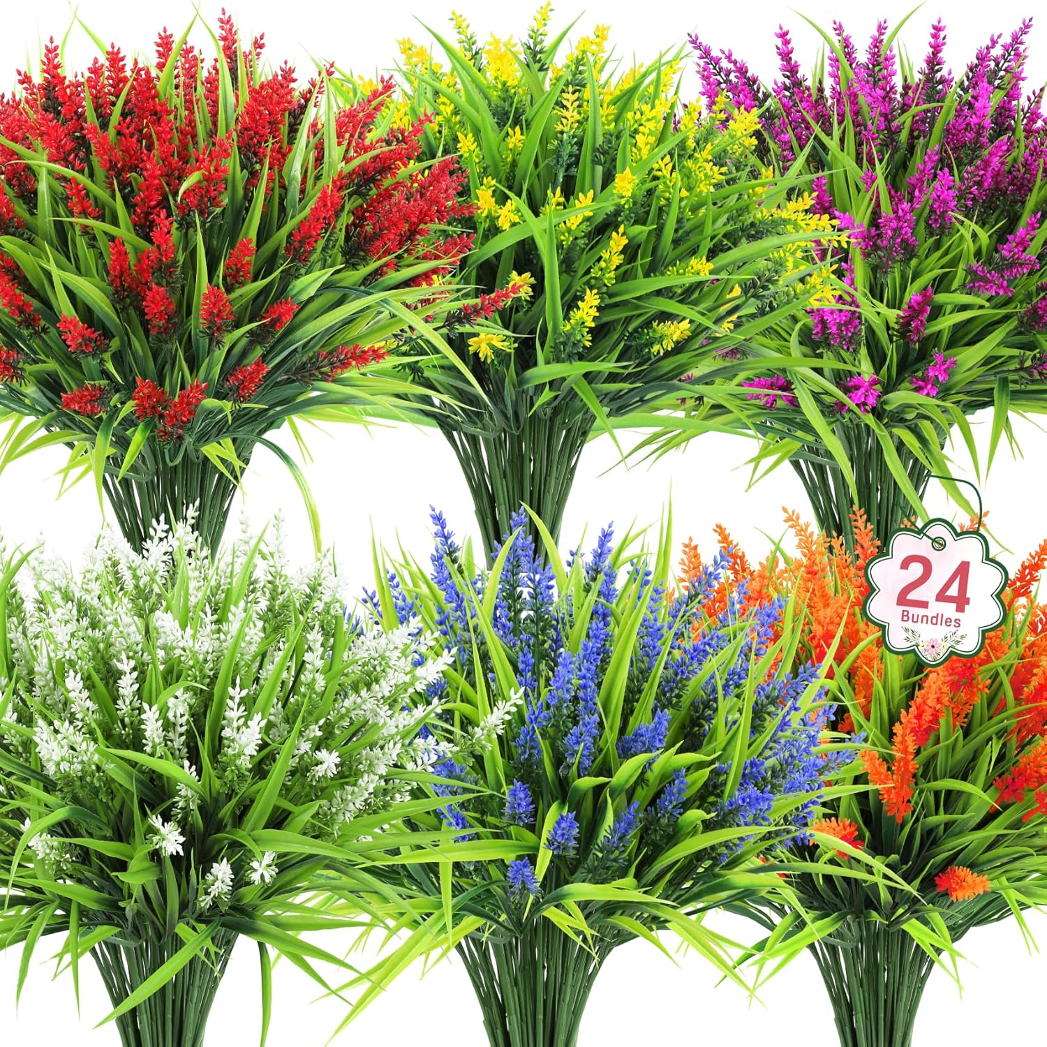 24 Bundles Artificial Flowers For Outdoors, Fake Lavender Flowers Monkey Grass Faux Plastic Plants Shrubs Uv Resistant For Porch Garden Window Box Office Home Decorations, Mixed