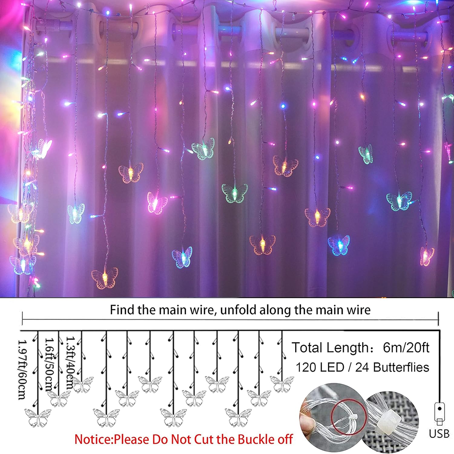 Curtain Butterfly String Light 20Ft 120Led Window Usb Fairy Lights 24 Butterfly 8 Modes With Remote Control For Room Bed