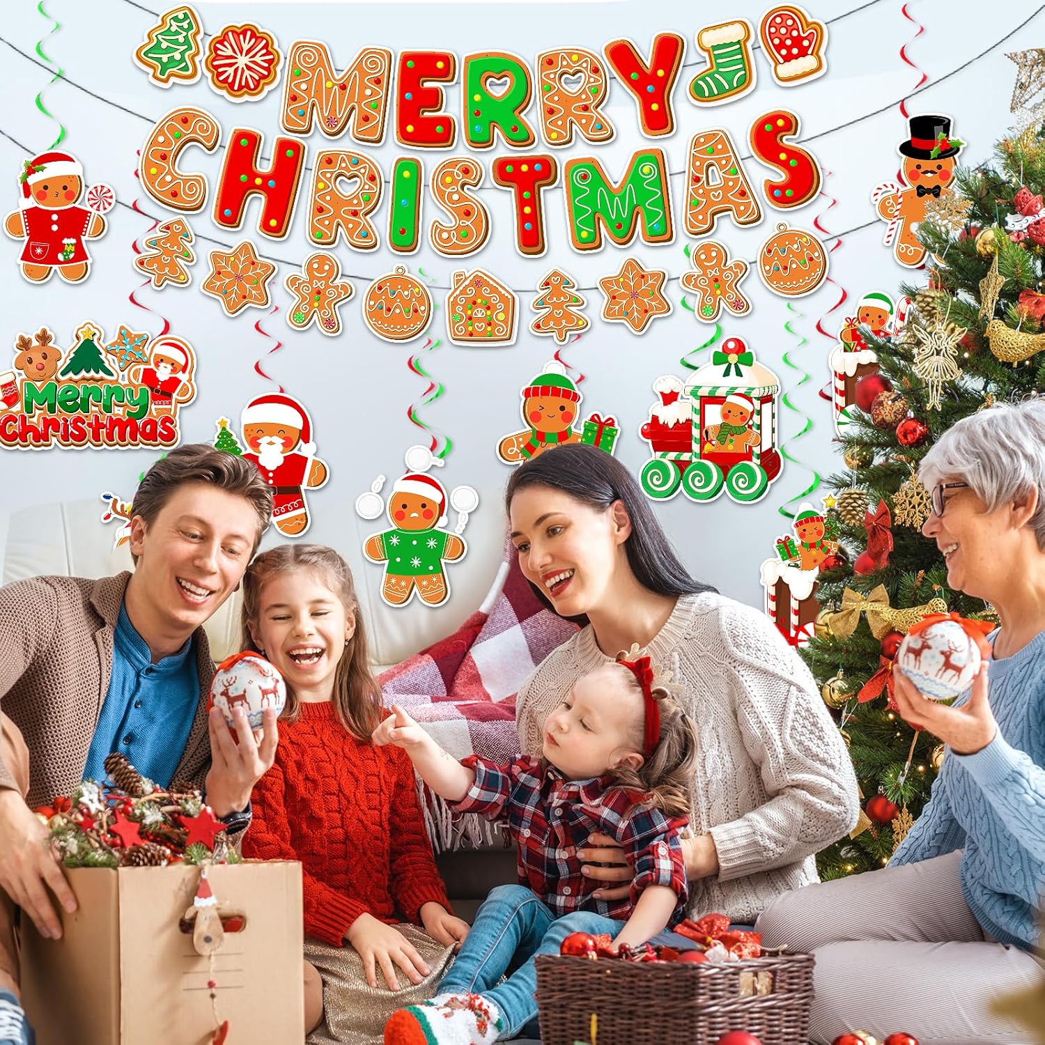 Gingerbread Christmas Decorations - Includes Banner, Hanging Decorations & Garland