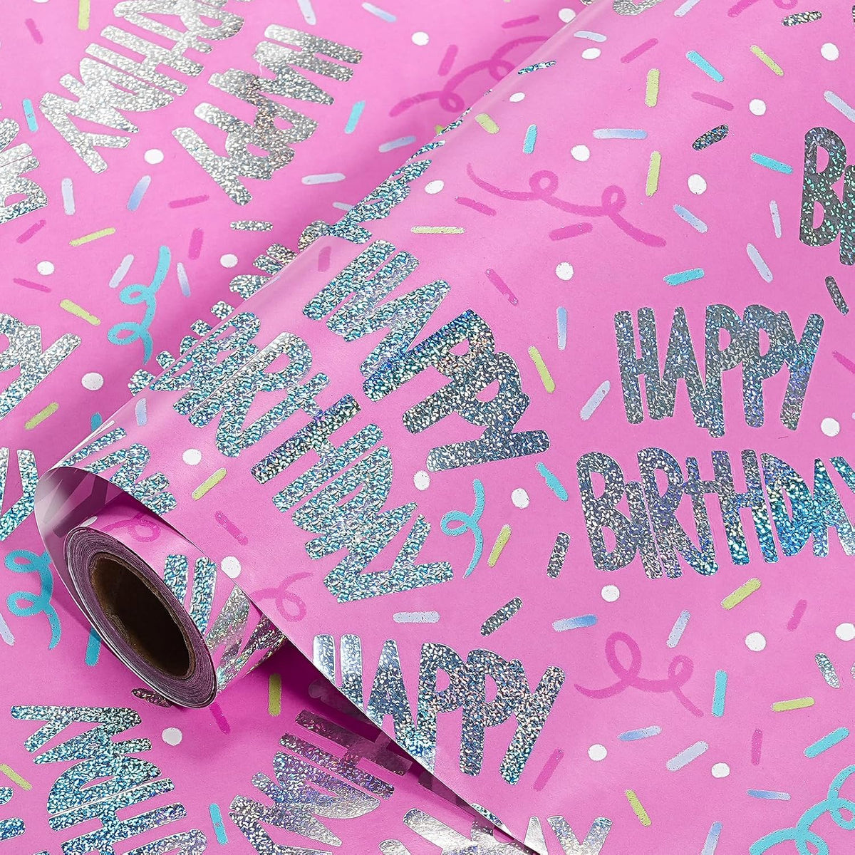 Birthday Wrapping Paper Roll For Girls, Mini Roll, Pink Gift Wrap With Metallic Silver Happy Birthday Text And Confetti Sprinkle Design, Perfect For Princess Party, 17 Inches X 16.4 Feet
