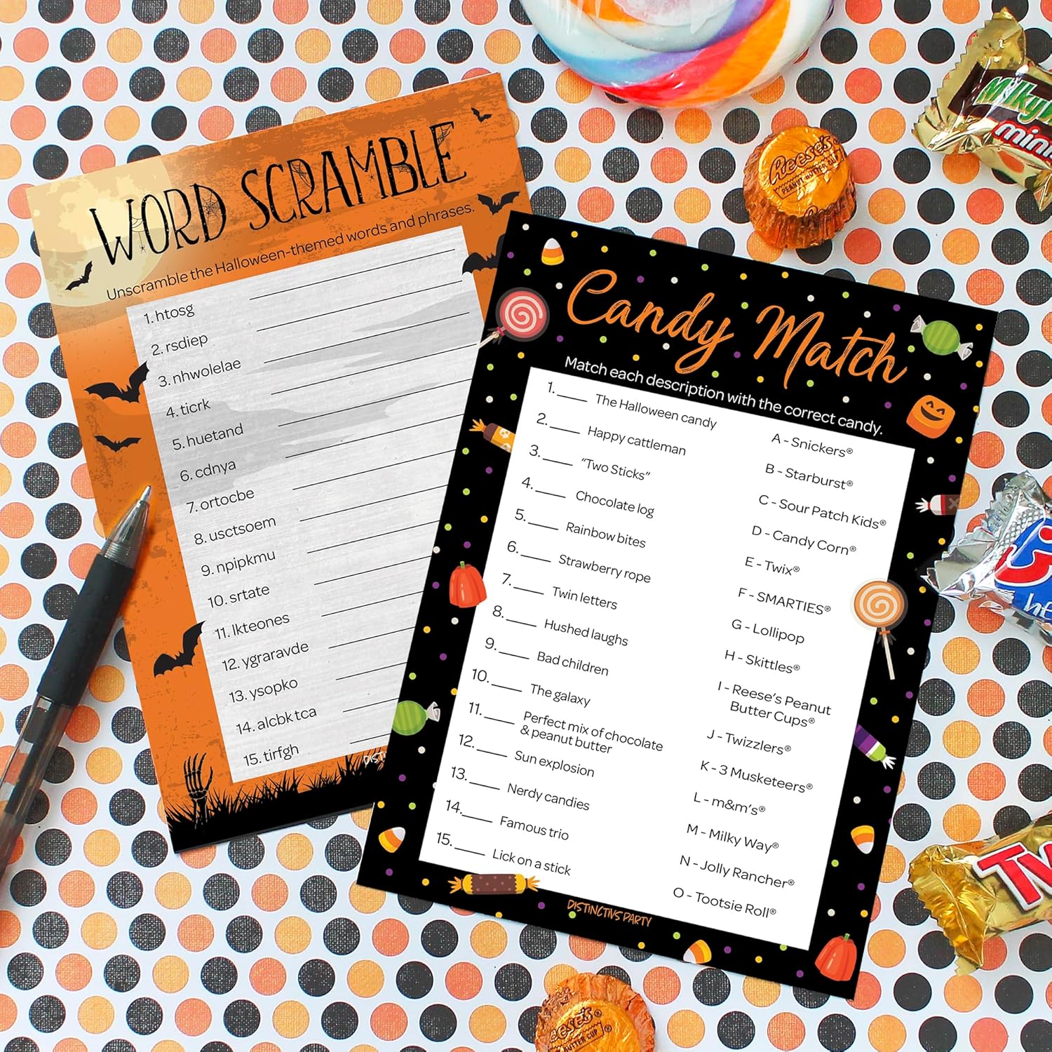 Halloween Party Games – Word Scramble And Candy Match 2 Game Bundle, 25 Dual-Sided Cards For Kids, Adults, Classrooms, And Fall Events