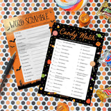 Halloween Party Games – Word Scramble And Candy Match 2 Game Bundle, 25 Dual-Sided Cards For Kids, Adults, Classrooms, And Fall Events