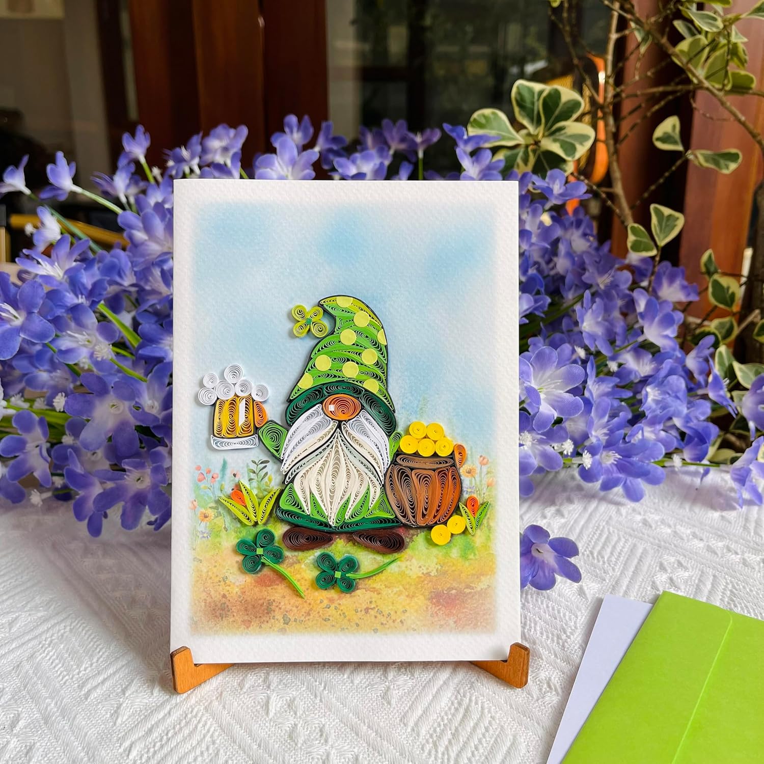 St. Patrick'S Day Card, Green Gnome Quilling Card, Artful Greeting Card, Handcrafted St Patrick Day Card, Vintage Saint Patrick'S Card For Family, Friend, Blank Inside With Envelop