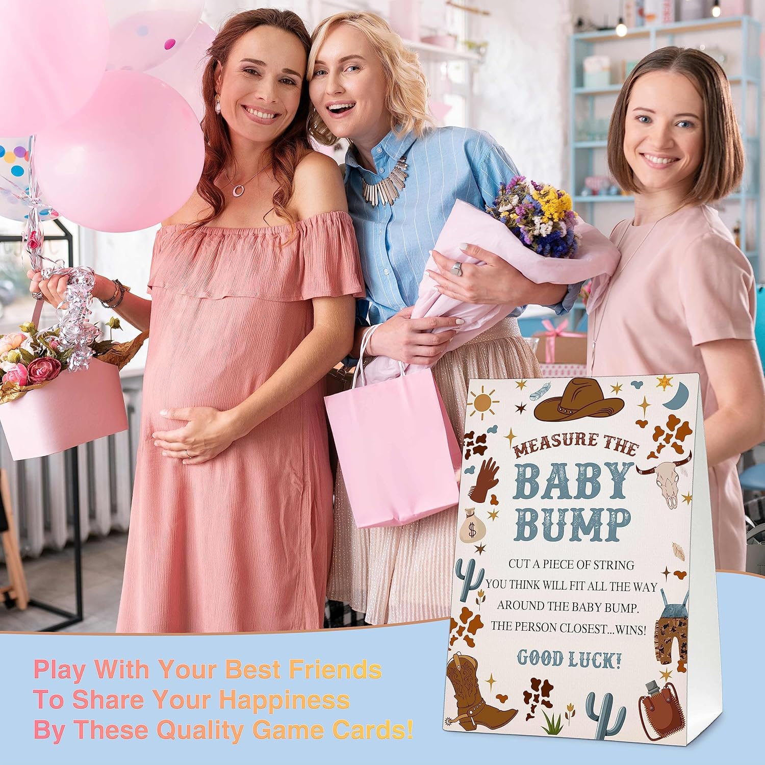 Measure The Baby Bump Baby Shower Game Set, 1 Standing Sign With 50 Guessing Cards, Boho Wild West Gender Reveal Party Decorations Supplies - C05