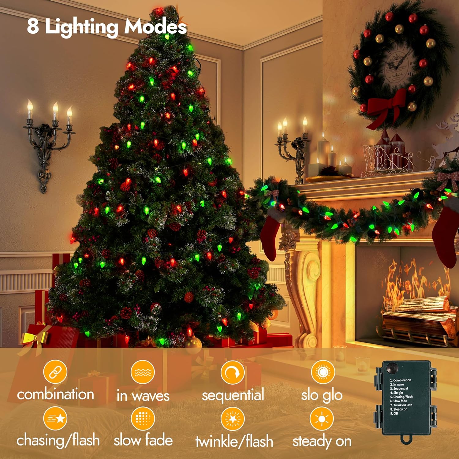 C6 Battery Operated Christmas Lights, 100 Led 34Ft String Lights With 8 Modes, Auto Timer, Waterproof For Indoor Outdoor