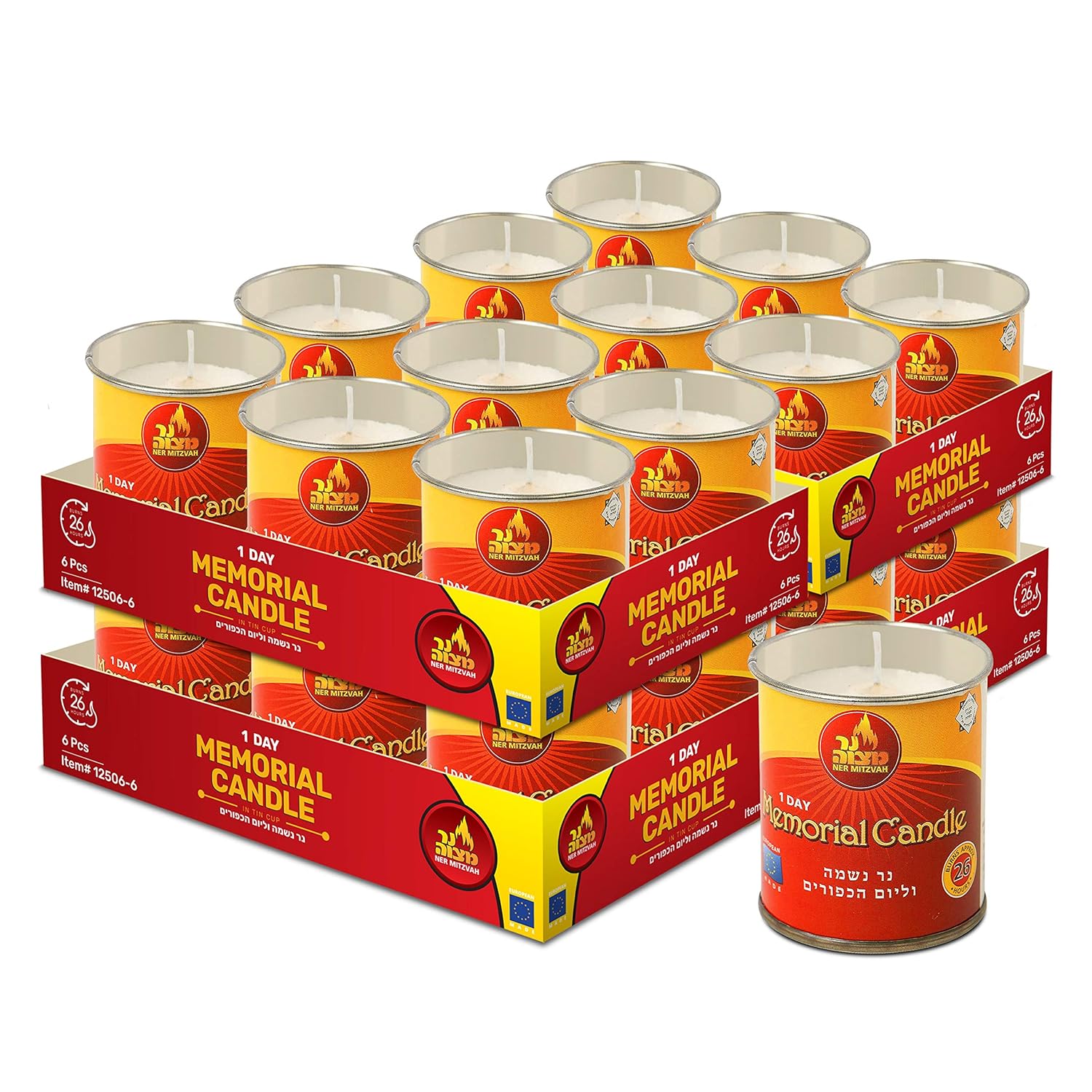 Ner Mitzvah 1 Day Yartzeit Candle - 24 Pack - 24 Hour Kosher Yahrtzeit Memorial and Yom Kippur Candle in Tin Cup Holder
