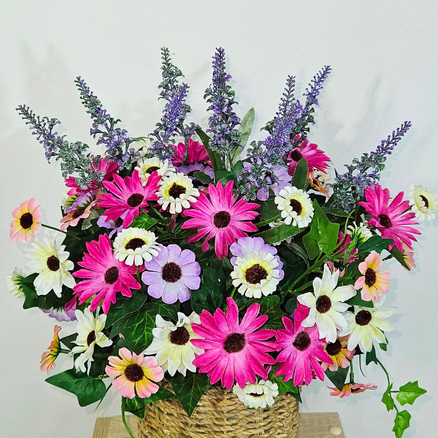 Artificial Wild Flowers With Basket Faux Silk Daisy Chamomiles With Lavender For Centerpiece Table Decoration Country Kitchen Decor For Cozy Welcoming Home Balcony Decor Rv-Decor