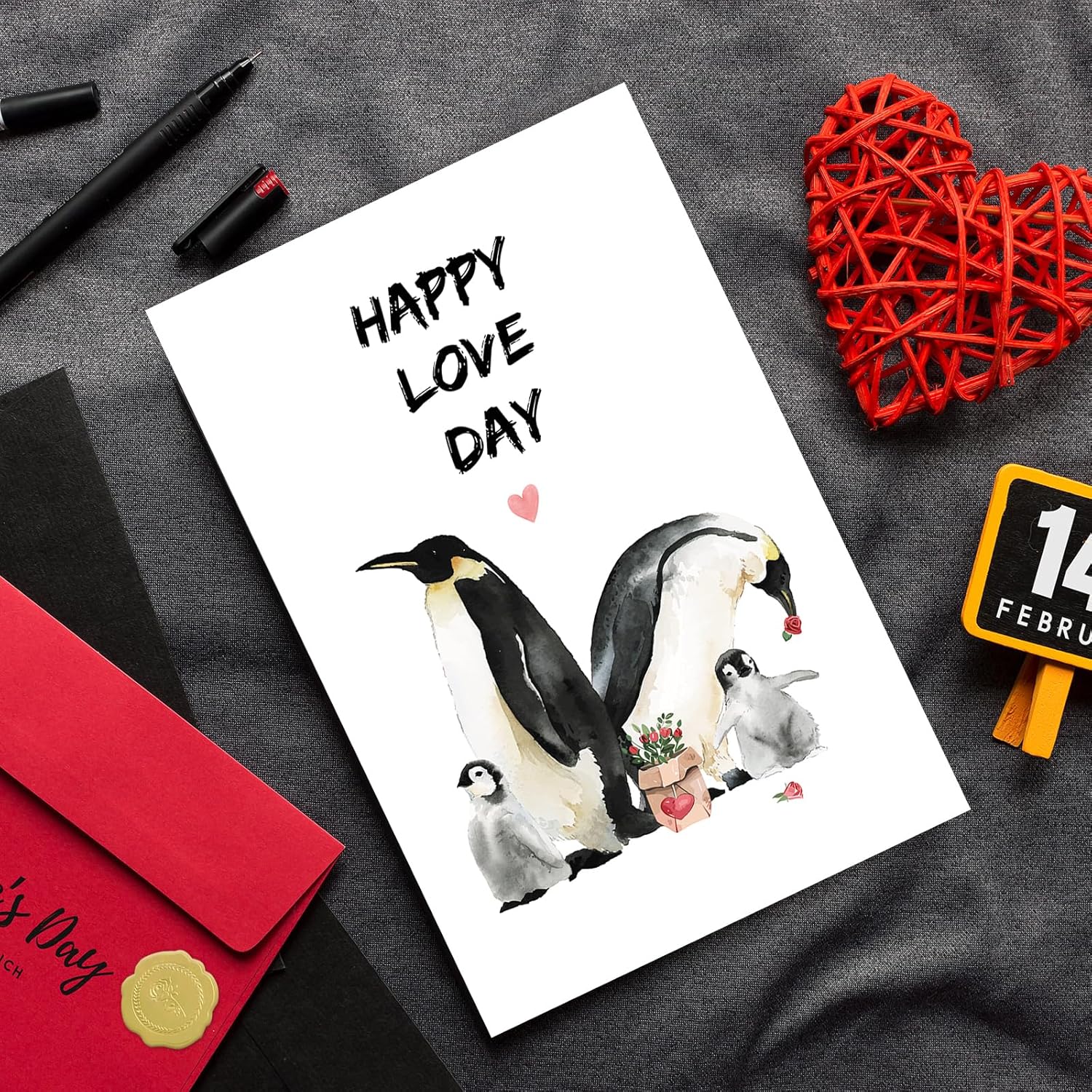 Penguin Mom Dad Valentine'S Day Card, Cute V-Day Gifts For Husband Wife Kids, Lovely Penguin Anniversary Card For Women Men