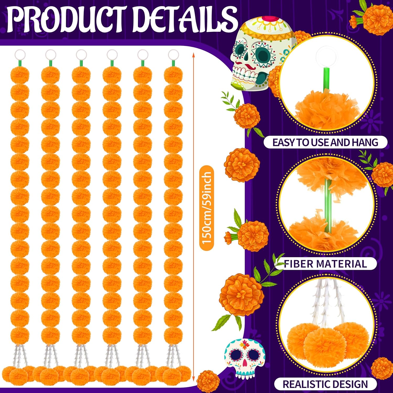 6 Pcs 5 Feet Long Strands Marigold Flowers Garland With Pendant Indian Wedding Decoration Artificial Decorations For Altar Faux Flower For Diwali, Pooja, Bush Floral Party (Orange)