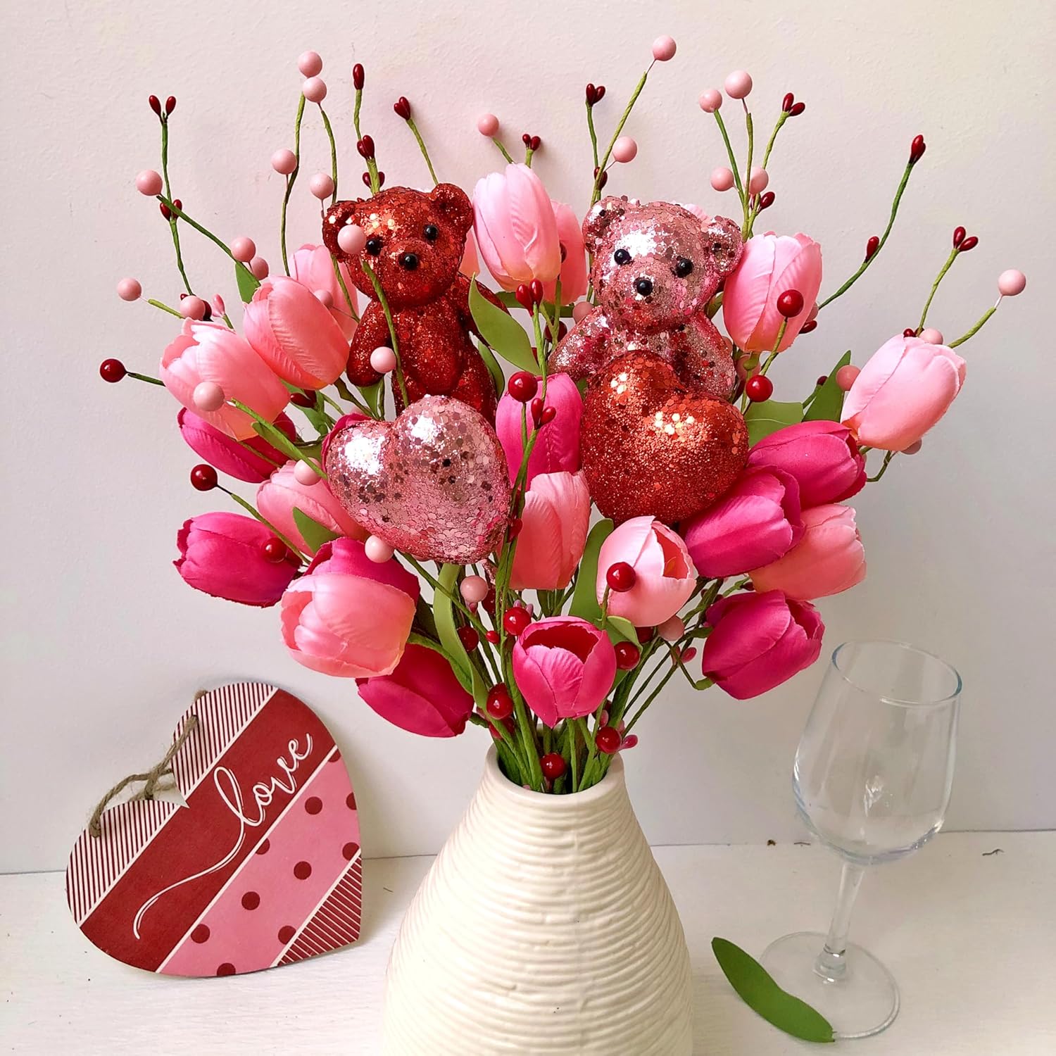 Valentine'S Day Decorations Valentines Day Flowers 10 Pack Artificial Floral Picks With Pink Red Bear And Heart Tulip For Valentine Mothers Day Anniversary Candlelight Dinner Party Decor