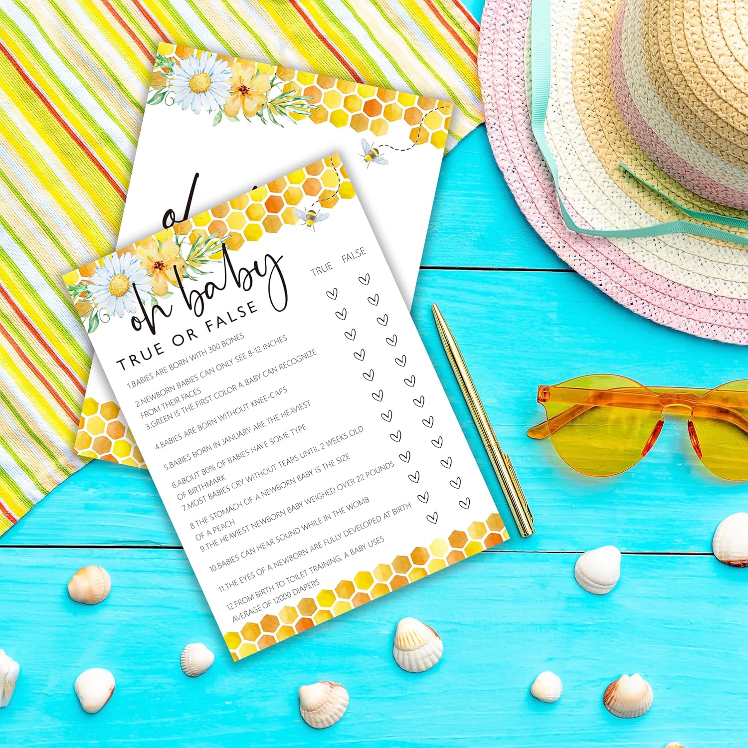 Bee Baby Shower Games, Oh Baby True Or False Game, Summer Daisy Bumble Bee Gender Neutral Party Supplies & Favor, 5X7 In & Set Of 25-A01