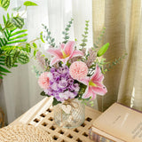 Faux Flowers With Vase, Artificial Silk Flowers In Vase, Fake Pink Lily,Purple Hydrangea And Dandelion Flower, Arrangement For Home Spring Decor Dining Table Centerpiece Decorations Coffee Table Decor