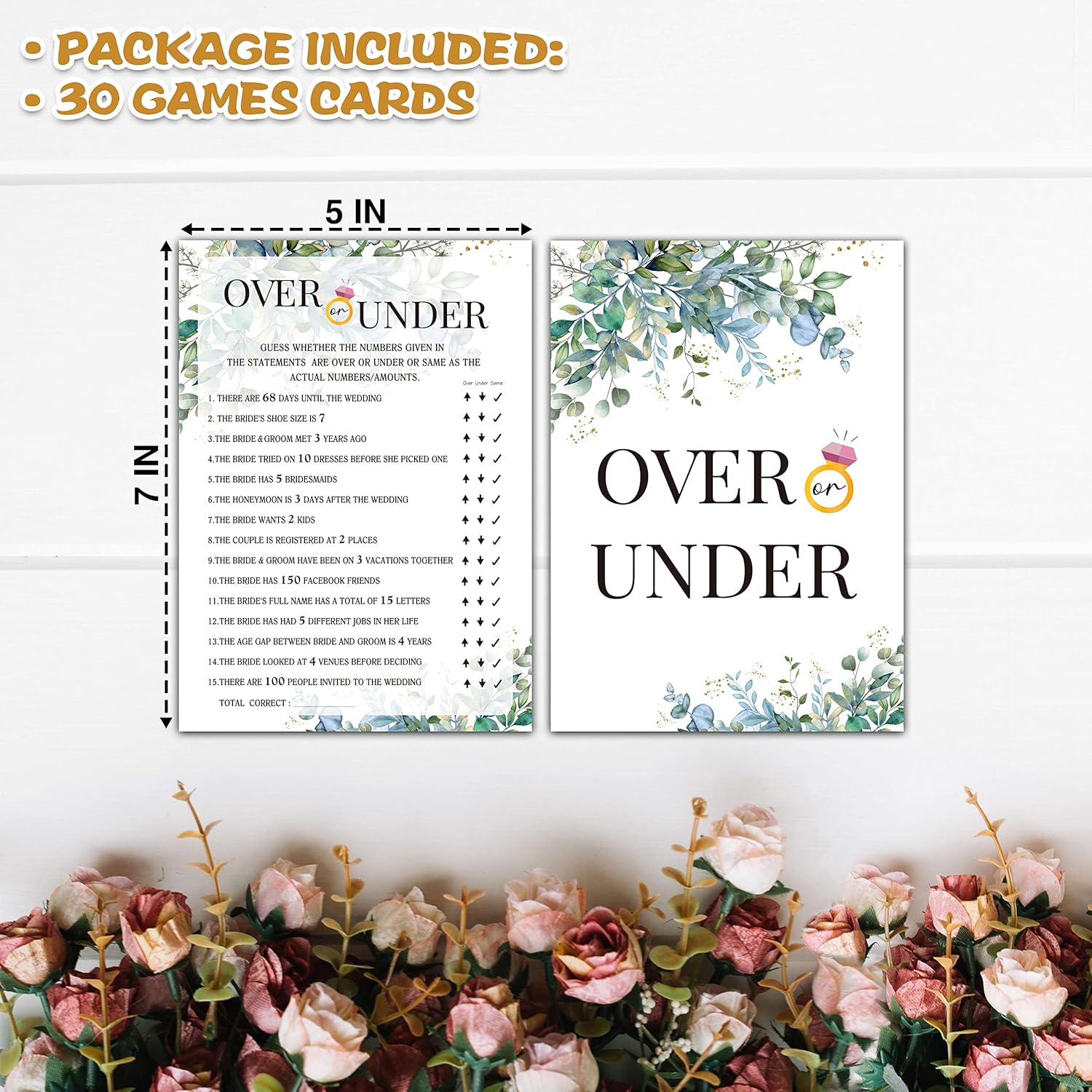 Eucalyptus Bridal Shower Game, Tropical Jungle Wedding Party Game, Greenery Theme Over Or Under Game, Bachelorette Party Activities & Decorations -30 Game Cards(05)