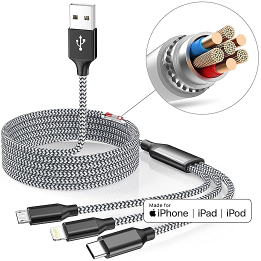 3 Pack 4FT 3 in 1 Multi Charging Cable Nylon Braided USB Charger Cord for Lightning USB C Micro USB