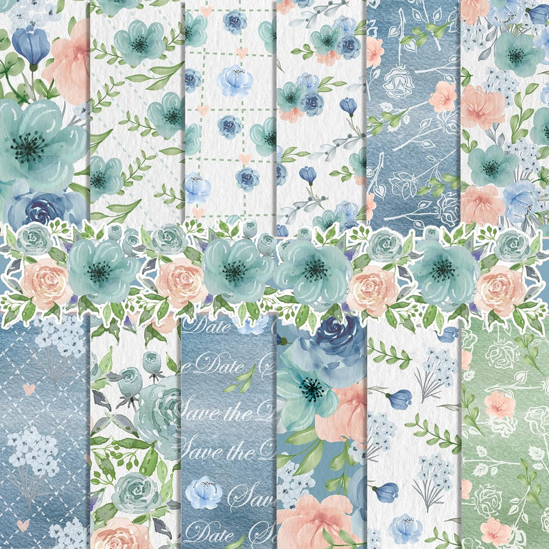 24 Sheets Blue Floral Double-Sided Scrapbook Paper 30X30Cm Flower Craft Paper