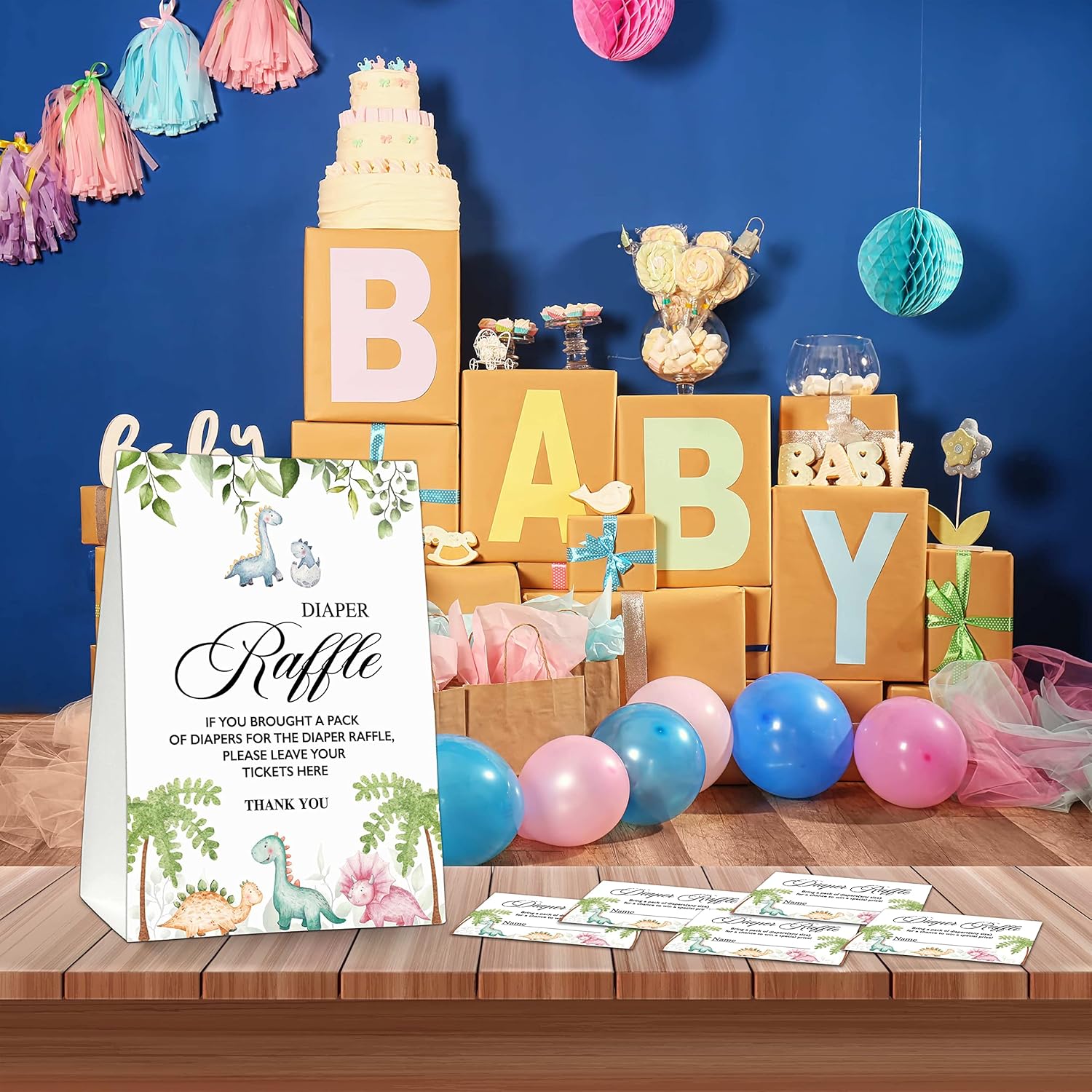 Diaper Raffle Party Games, Dinosaur Baby Shower Game, Greenery Themed Baby Gender Reveal Party Supplies & Activities -1 Double Sided Standing Sign + 50 Guessing Cards (A06)