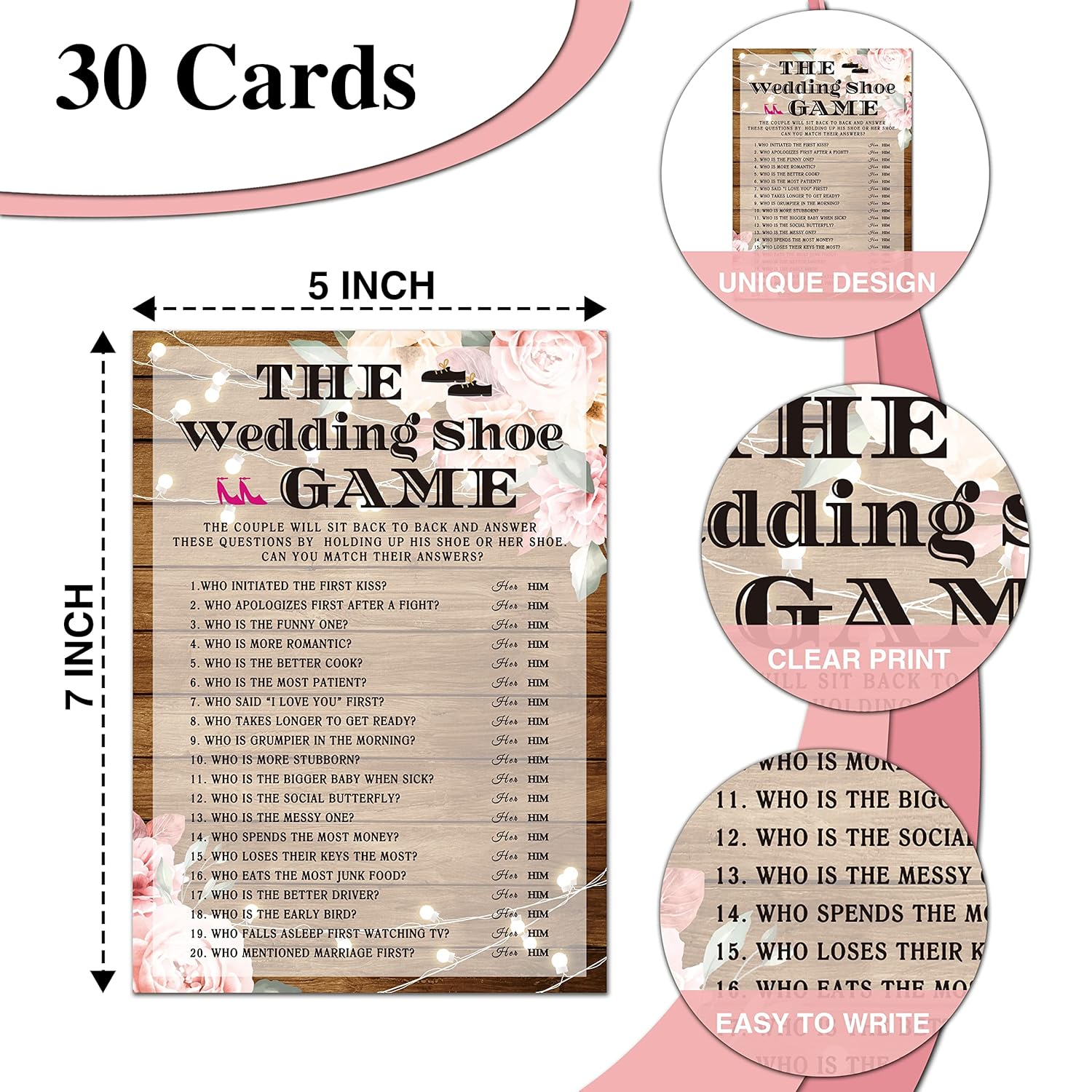 Bridal Shower Games, The Wedding Shoe Game Wedding Shower Game Card, Rustic Wood Boho Floral Romantic Engagement/Bachelorette Party Ideas Activities Supplies Decorations(30 Cards) - B09