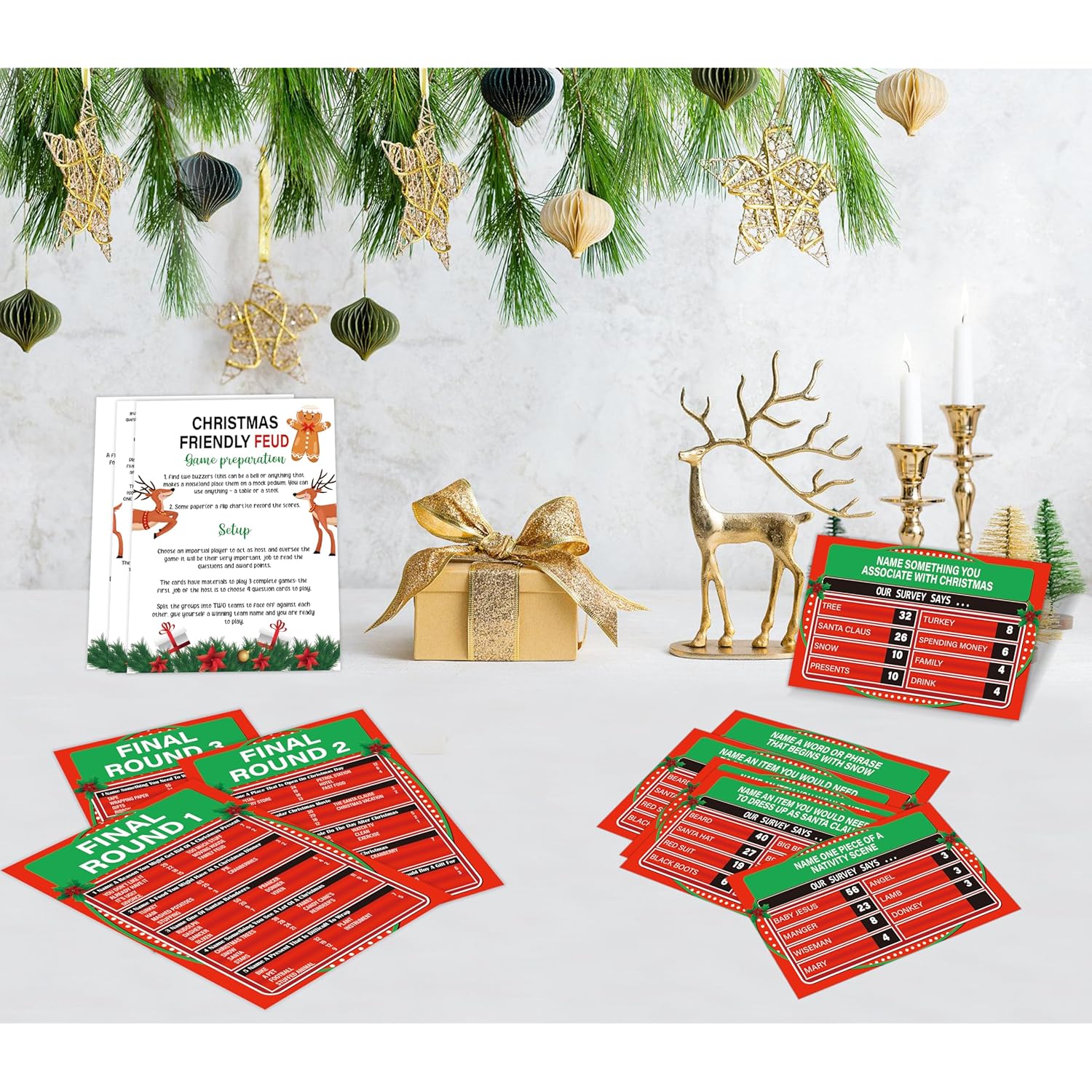 Christmas Friendly Feud Game, Friendly Feud Quiz, Baby Shower Game Cards For Adults, Family Activity, Feud Trivia Quiz, Games For Families Party Winter Party Supplies-Lp5