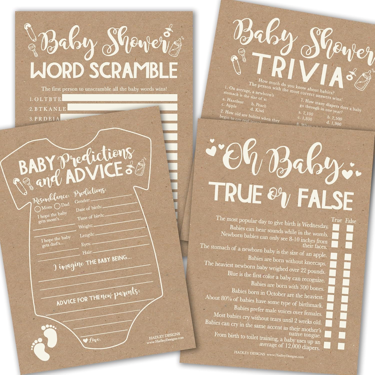 Baby Shower Games For 25 Guests - Kraft Baby Predictions & Advice Cards For New Parents, Trivia Game, Word Scramble, True Or False Babyshower Games Boy Girl Gender Neutral, Made In Usa