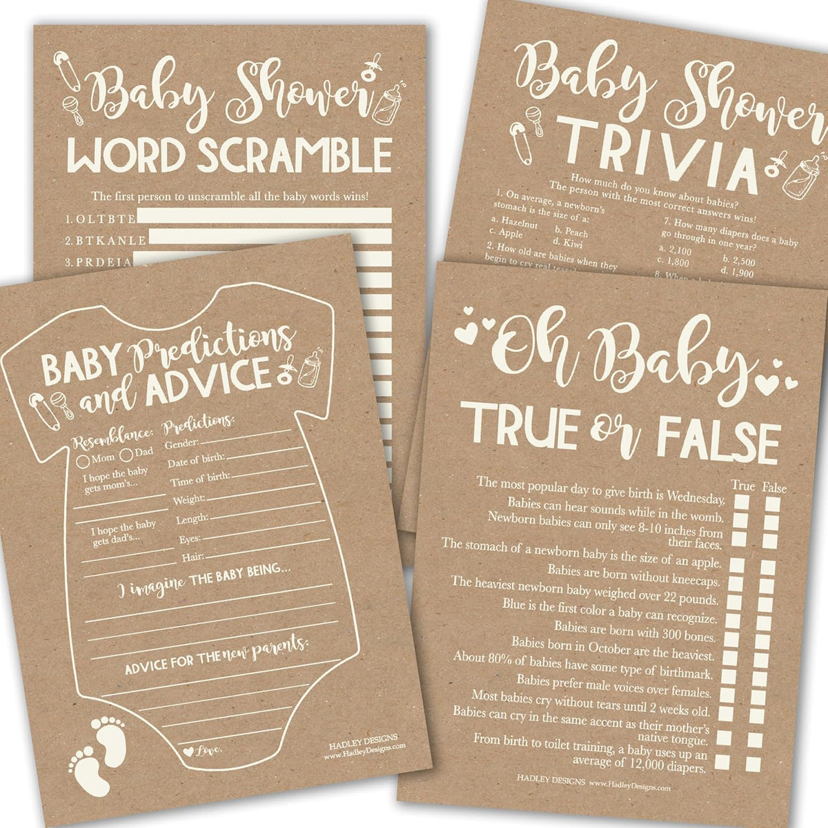 Baby Shower Games For 25 Guests - Kraft Baby Predictions & Advice Cards For New Parents, Trivia Game, Word Scramble, True Or False Babyshower Games Boy Girl Gender Neutral, Made In Usa