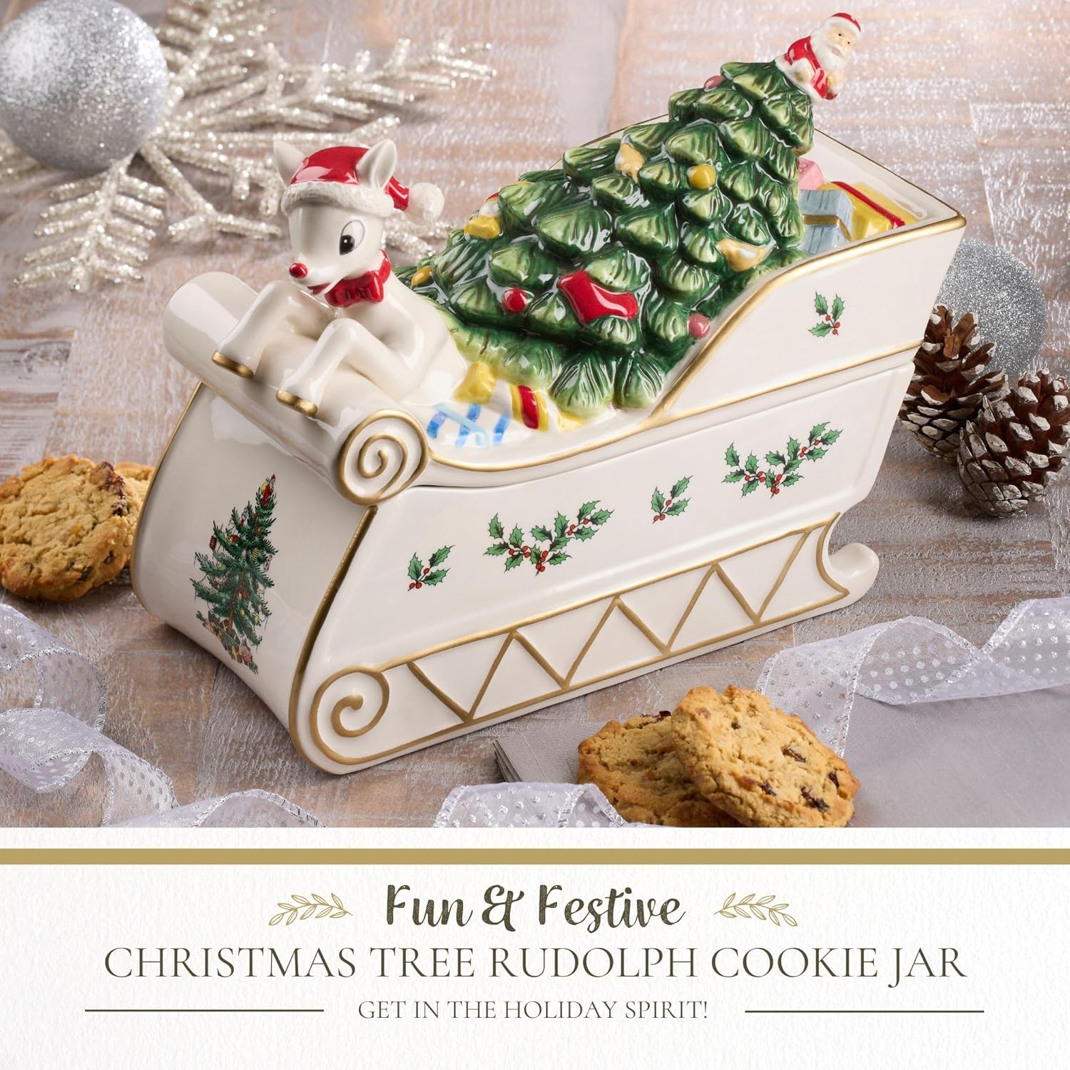 Christmas Tree Rudolph Cookie Jar - 11" Dolomite Nostalgic Christmas Cookie Jar With Lid - Festive Candy Jar For Kitchen Counter, Holiday Cookie Container, Reindeer-Themed Seasonal Home Decor