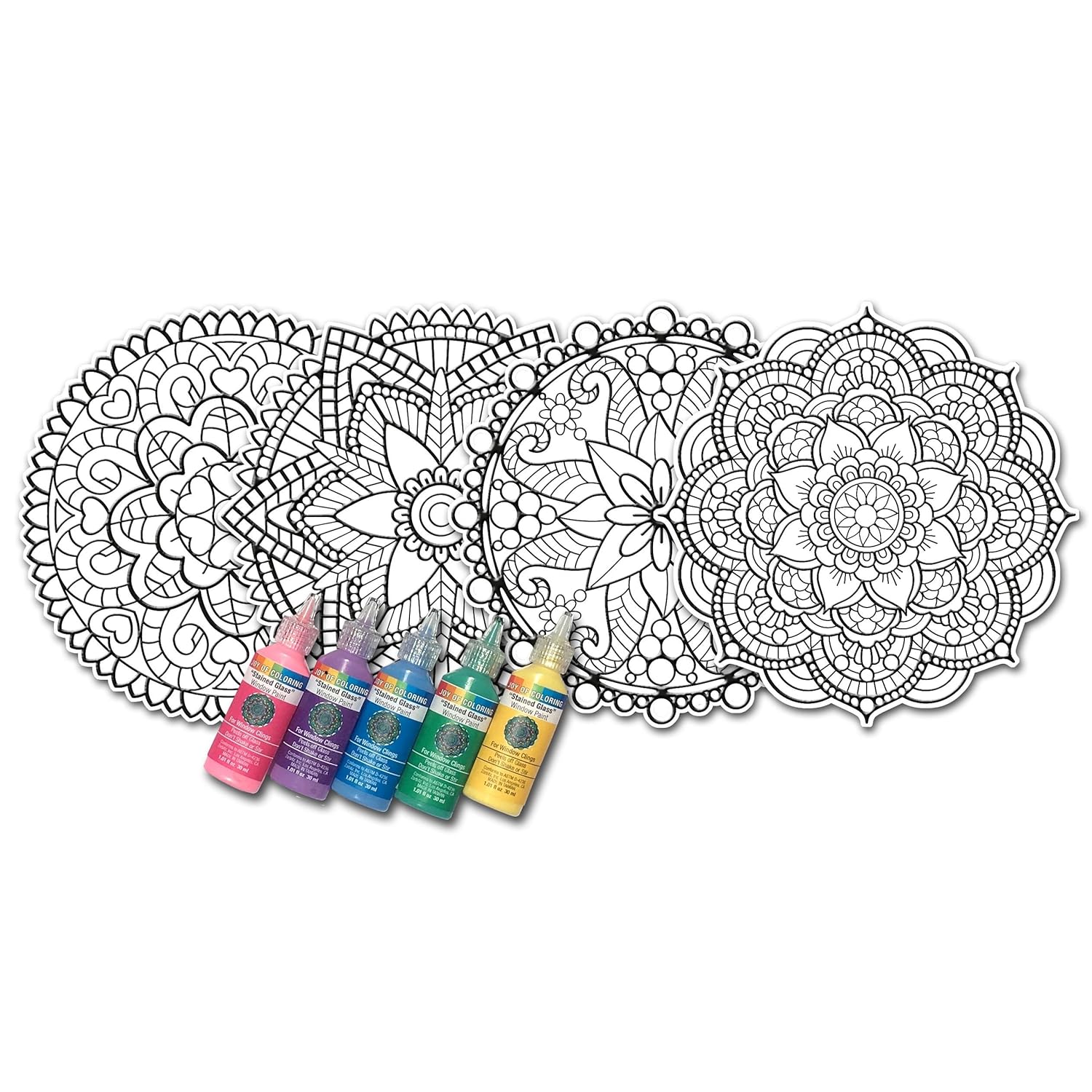 Zorbitz Stained Glass Window Art Clings Diy Kit,8 Clings& 5 Paints,4 Gorgeous,Intricate Mandala Designs,Designed Paint,Removable Clings, Sticks To Any Glass Surface,13 Piece Set,(2680)