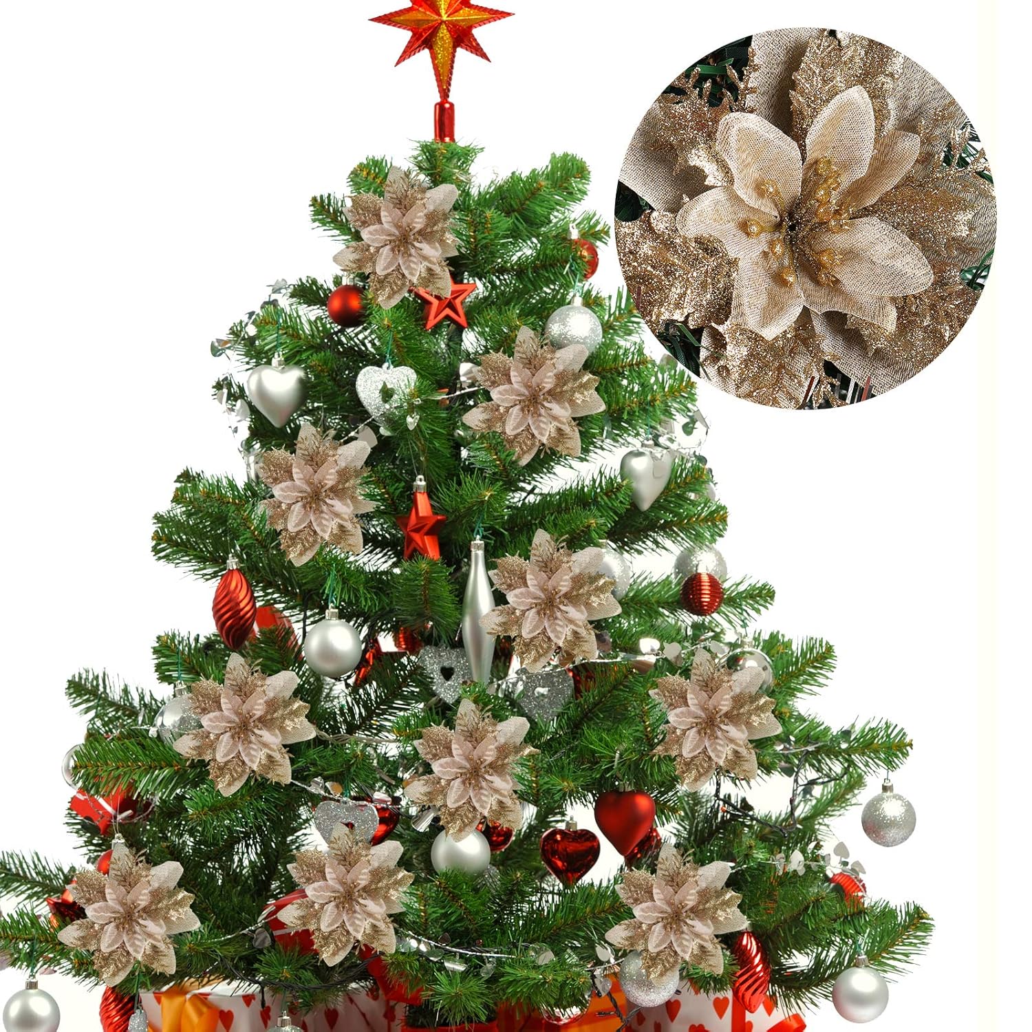 10 Pcs Christmas Glitter Artificial Poinsettia Flowers 6 Inch Christmas Wreath Christmas Tree Flowers Ornaments Holiday Seasonal Decorations For Xmas New Year Wedding Party (Gold)