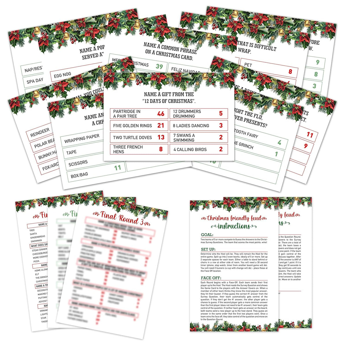 Christmas Games For Families, Christmas Friendly Feud Game, Holiday Games For Adults Large Group Party, Christmas Party Games, Christmas Trivia Card Games - A003