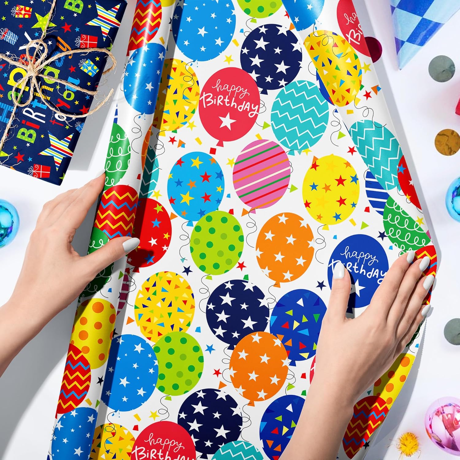 12 Sheets Happy Birthday Gift Wrapping Paper 6 Design With “Happy Birthday” Candles, Balloons, Colorful Stripes Pattern Pad For Boys, Girls, Women, Men, Ideal Gift Wrap For Holiday Parties 20'' X 27''