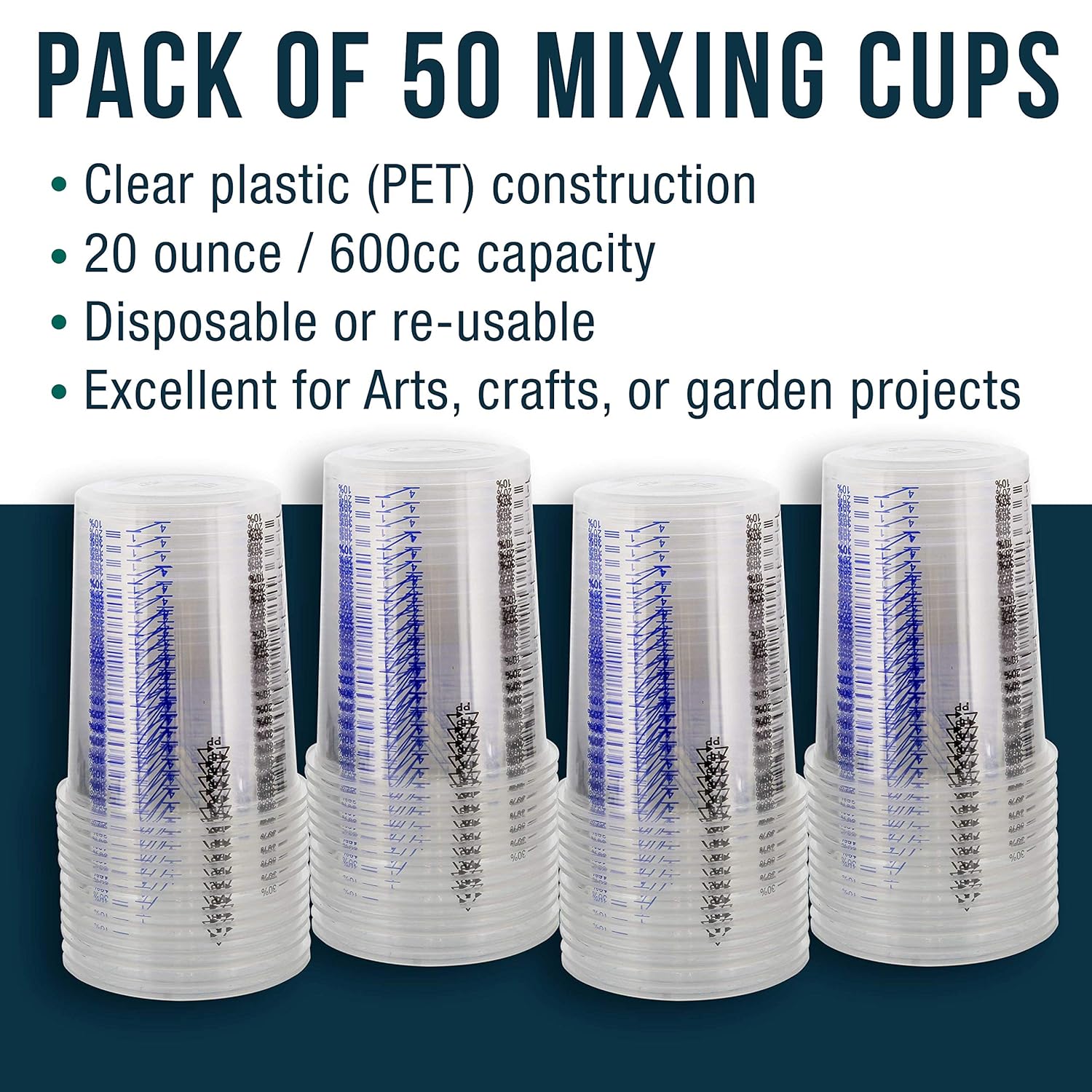 TCP Global 20 Ounce (600ml) Disposable Flexible Clear Graduated Plastic Mixing Cups - Box of 50 Cups - Use for Paint, Resin, Epoxy, Art, Kitchen, Cooking, Baking - Measuring Ratios 2-1, 3-1, 4-1, ML