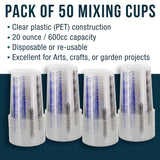 TCP Global 20 Ounce (600ml) Disposable Flexible Clear Graduated Plastic Mixing Cups - Box of 50 Cups - Use for Paint, Resin, Epoxy, Art, Kitchen, Cooking, Baking - Measuring Ratios 2-1, 3-1, 4-1, ML