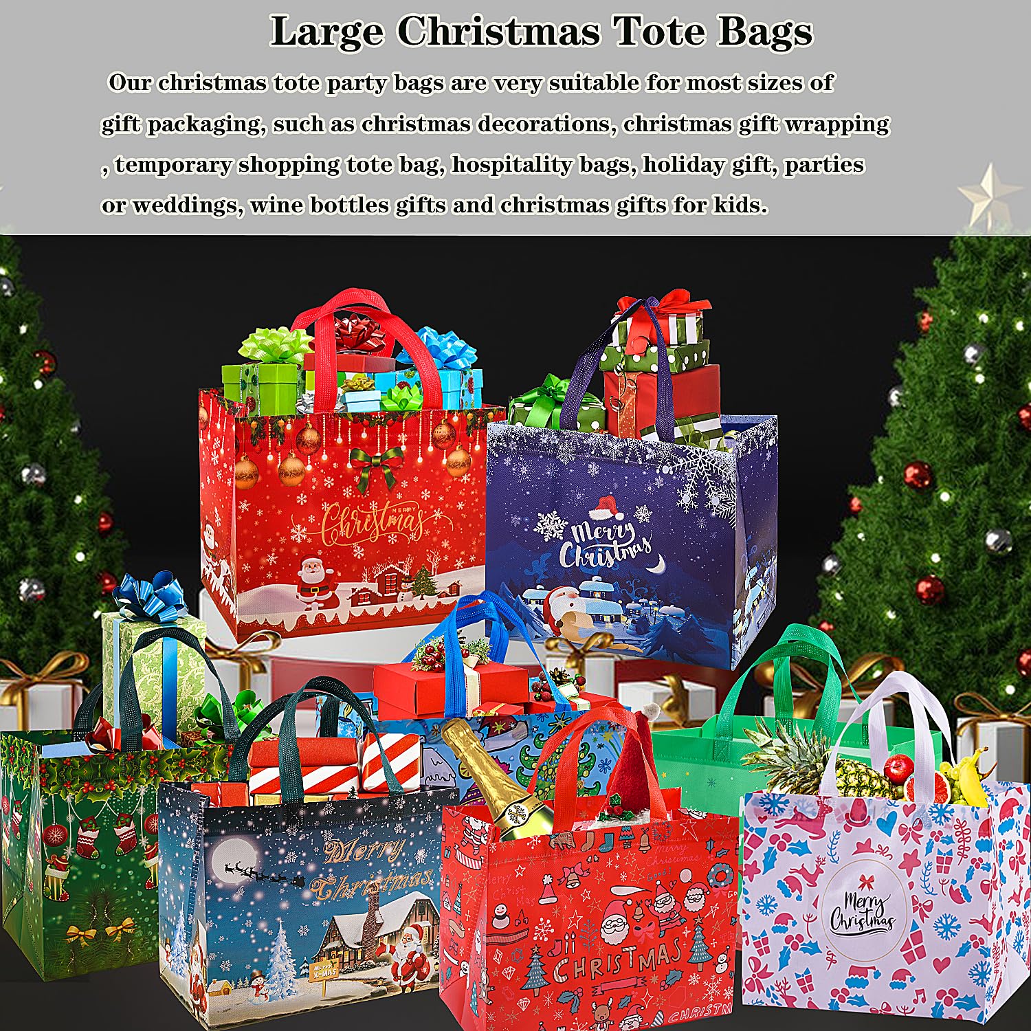 9Pcs Christmas Gift Bags, Christmas Tote Bags With Handles, Reusable Non-Woven Shopping Bags For Xmas Gifts Wrapping Holiday Party Supplies, 12.8"×9.8"×6.7"