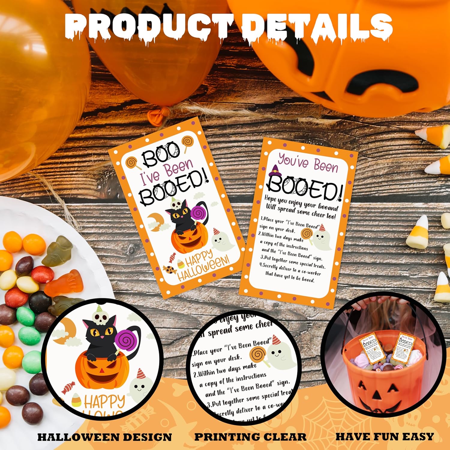 50 Pcs Halloween Game Cards, You'Ve Been Booed Boo Basket Stuffers For Friends Family, Black Cat Pumpkin Ghost Spooky Card For Him Or Her, Boo Greeting Cards, Happy Halloween Party Supplies -02
