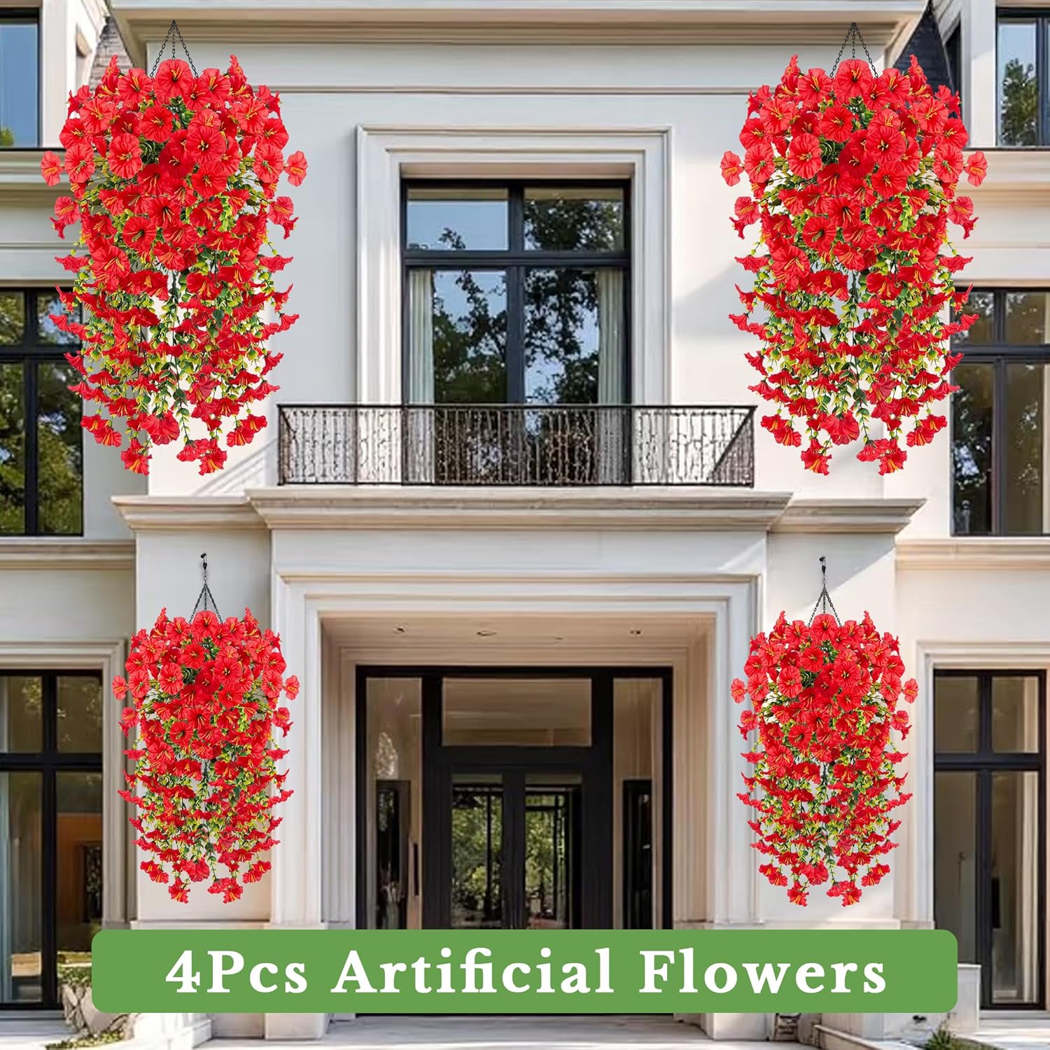 4 Pcs Fake Hanging Plants Artificial Flowers For Outdoors, Silk Petunia Faux Flowers Look Real Trailing Vines Uv Resistant Faux Plants For Home Planter Porch Patio(4 Red)